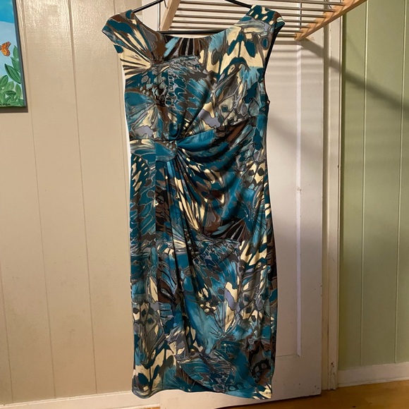 Connected Apparel Cap Sleeve Mock Wrap Dress Teal - Picture 12 of 15